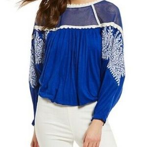 FREE PEOPLE CARLY EMBROIDERED BLUE BLOUSE XS